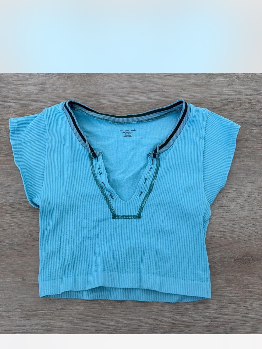 Urban Outfitters Aqua Ribbed V-Neck Crop Top with Contrast Trim